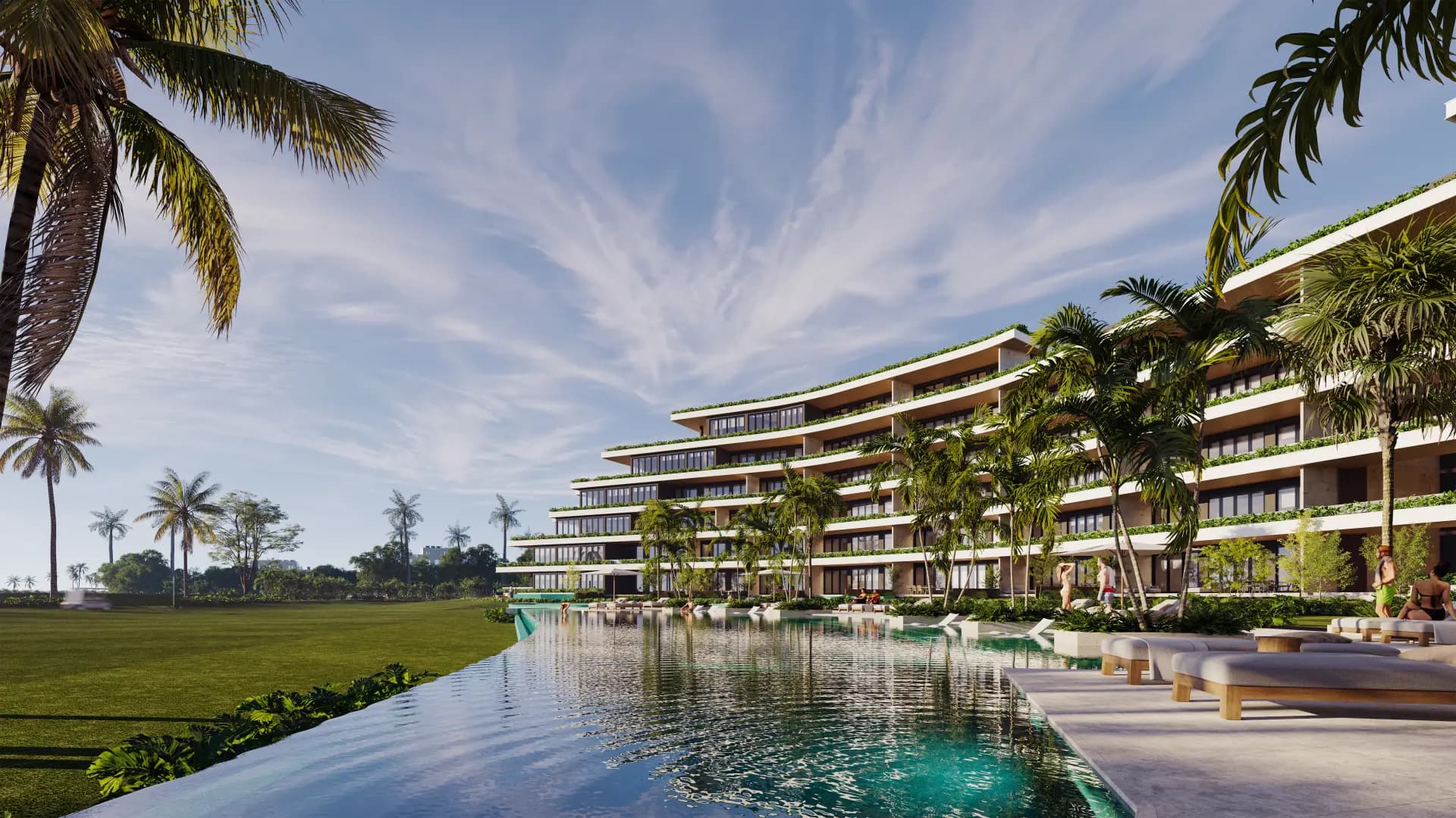 An infinity pool running along the golf course, loungers beside it and the residence block rising on the right.