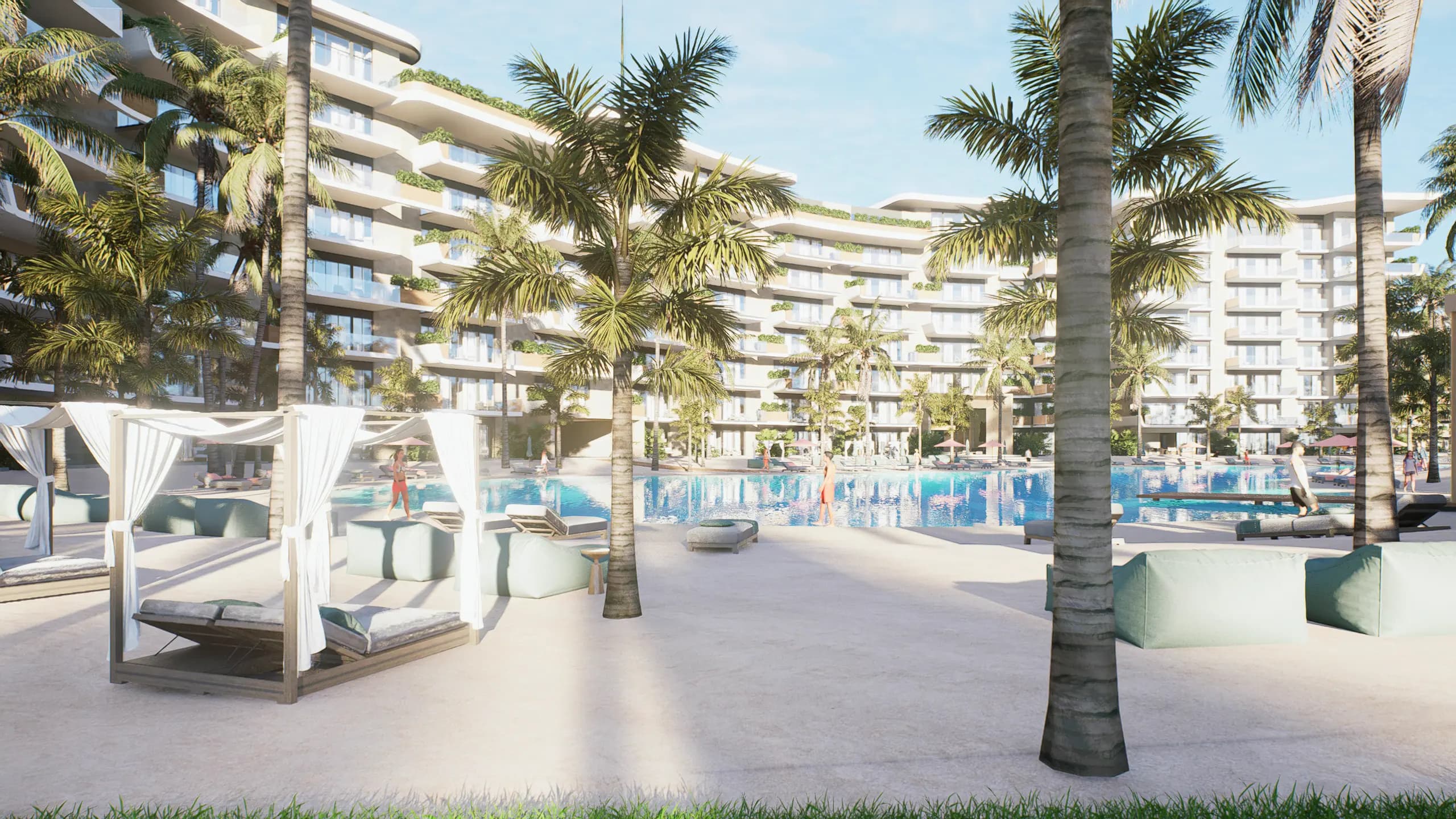 La cour d'entrée de Bonita Beach : l'auvent en bois sculpté, la fontaine et les palmiers qui accueillent votre acheteur.