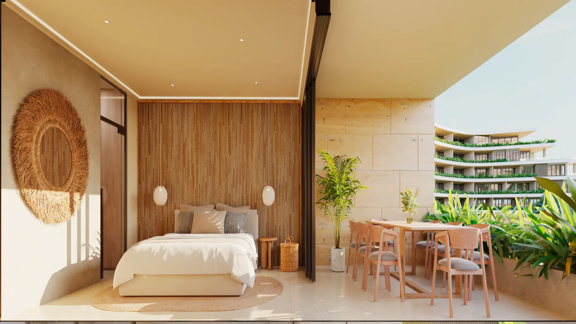 Une chambre de résidence avec un grand lit, des panneaux de bois et une table en terrasse, le bâtiment dehors.